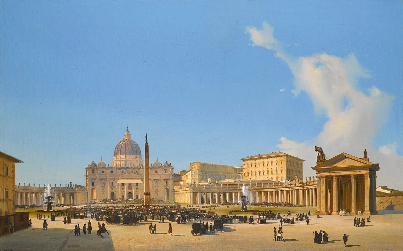 Roma, veduta della Basilica e di Piazza San Pietro con la folla in attesa dell'udienza papale